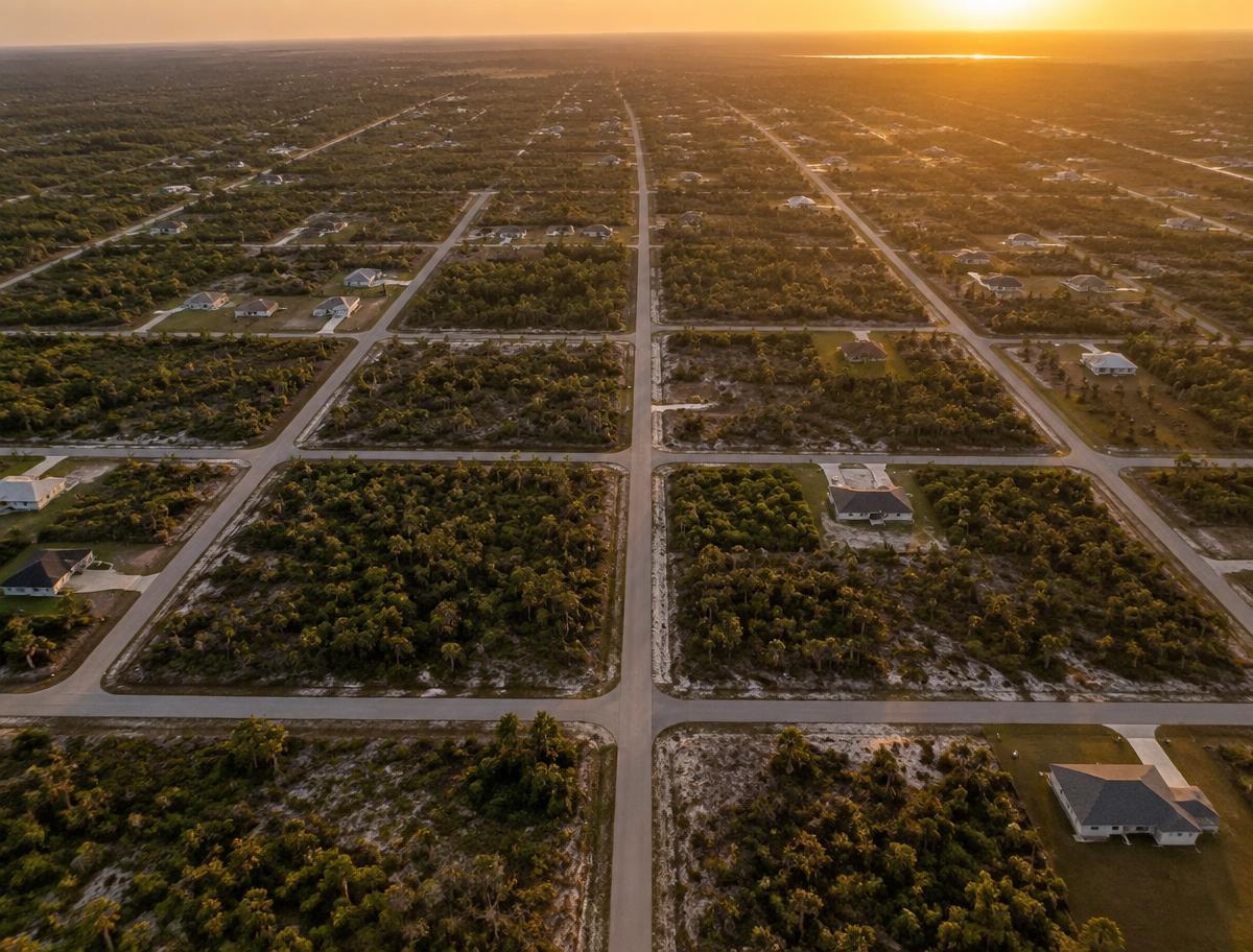 Aerial golden-hour view of the Lehigh Acres street grid